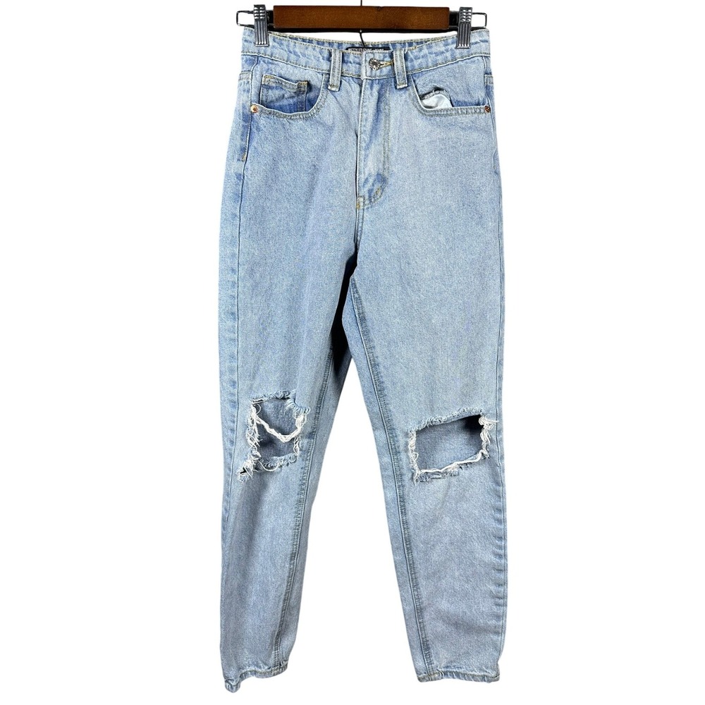 PrettyLittleThing Light Wash Distressed Mom Jeans Womens US 2 Ripped‎ Knee